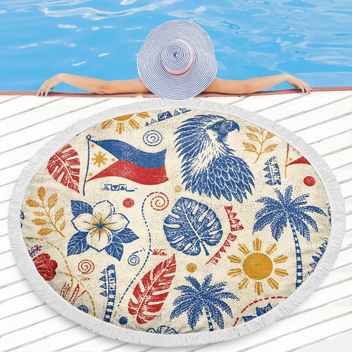 Philippines Filipinos Beach Blanket Eagle Sun Flag Tropical Floral Vintage Stamp Style