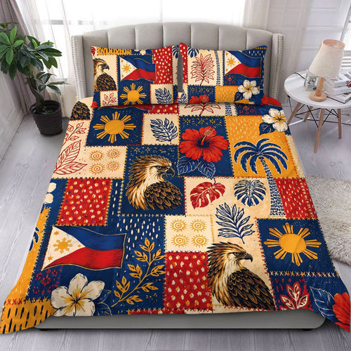 Philippines Filipinos Bedding Set Eagle Sun Flag Tropical Floral Patchwork Style