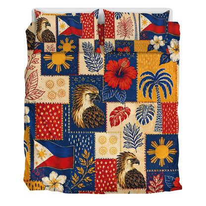 Philippines Filipinos Bedding Set Eagle Sun Flag Tropical Floral Patchwork Style