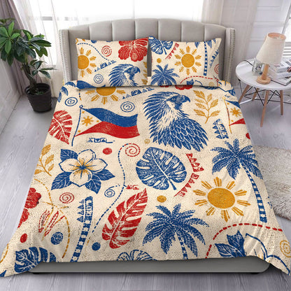 Philippines Filipinos Bedding Set Eagle Sun Flag Tropical Floral Vintage Stamp Style