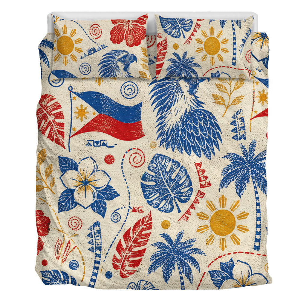 Philippines Filipinos Bedding Set Eagle Sun Flag Tropical Floral Vintage Stamp Style