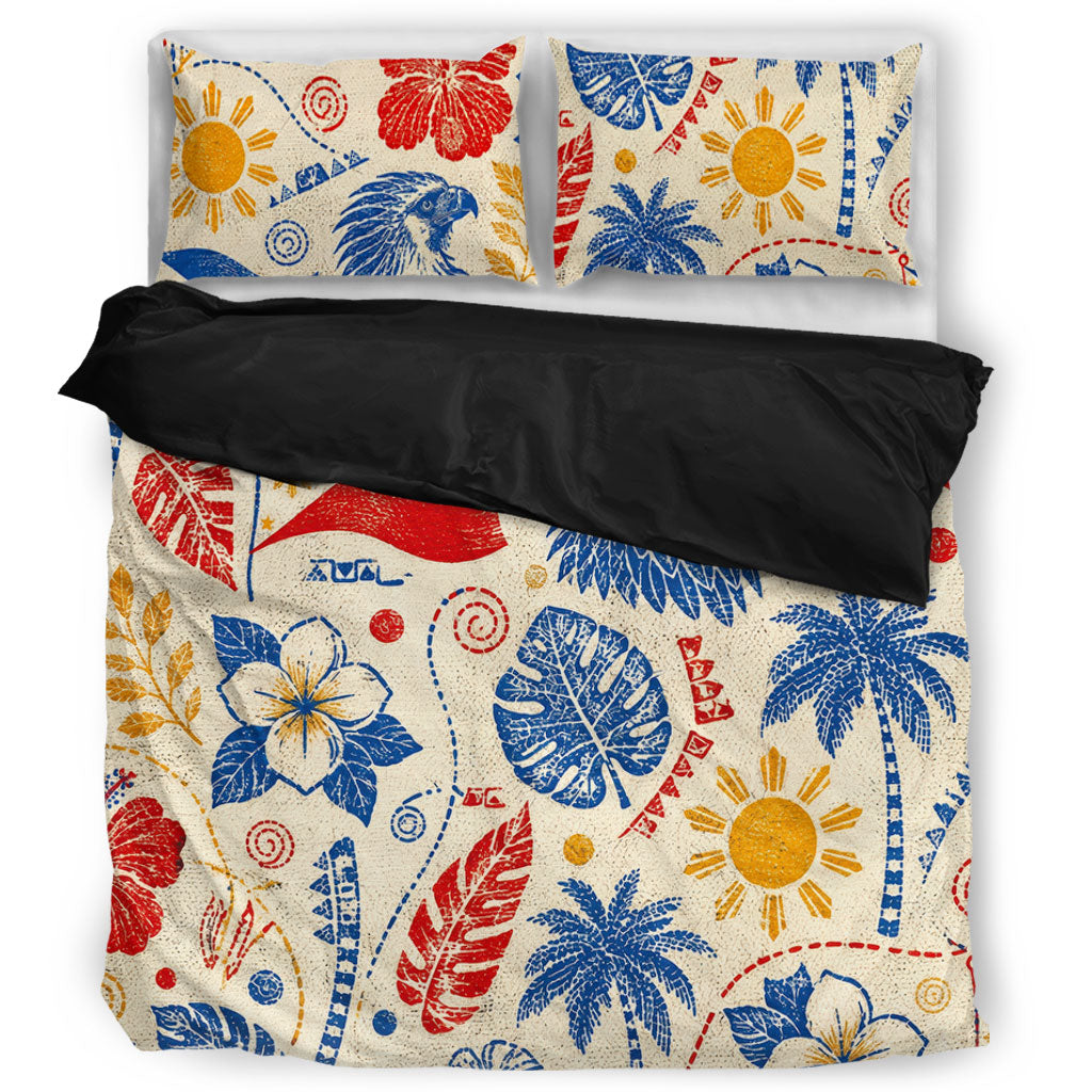 Philippines Filipinos Bedding Set Eagle Sun Flag Tropical Floral Vintage Stamp Style