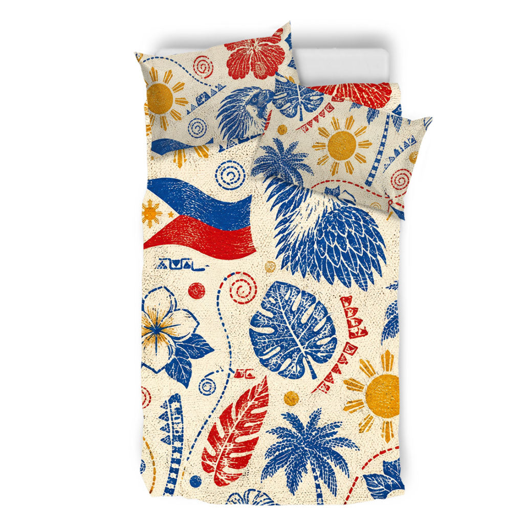 Philippines Filipinos Bedding Set Eagle Sun Flag Tropical Floral Vintage Stamp Style