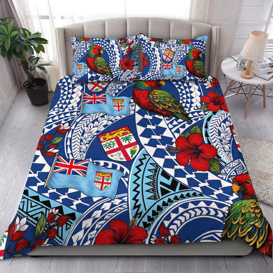 Fiji Bedding Set Kula Parrot Flag Hibiscus Tribal Style