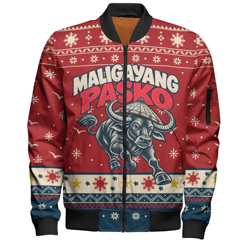 Philippines Filipinos Bomber Jacket Ugly Christmas Maligayang Pasko Filipino Carabao