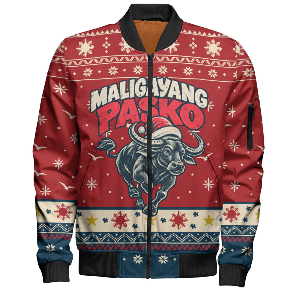 Philippines Filipinos Bomber Jacket Ugly Christmas Maligayang Pasko Filipino Santa Carabao