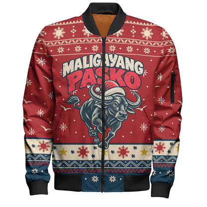 Philippines Filipinos Bomber Jacket Ugly Christmas Maligayang Pasko Filipino Santa Carabao