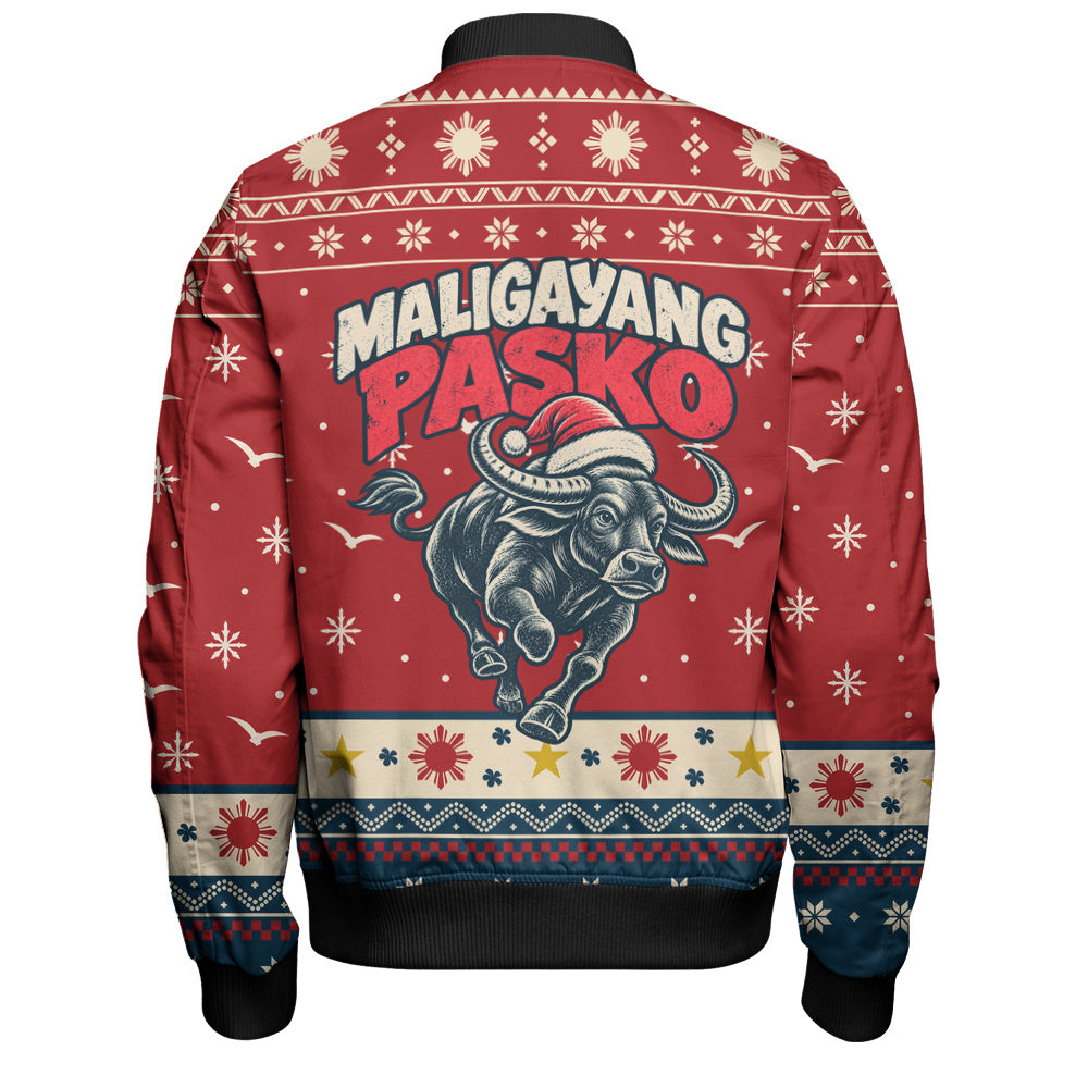 Philippines Filipinos Bomber Jacket Ugly Christmas Maligayang Pasko Filipino Santa Carabao