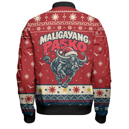 Philippines Filipinos Bomber Jacket Ugly Christmas Maligayang Pasko Filipino Santa Carabao