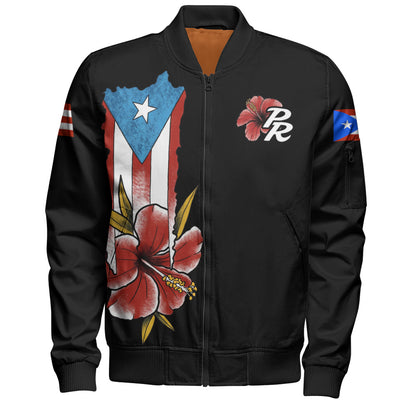 Puerto Rico Bomber Jacket Black Puerto Rican Flag Hibiscus Floral Boricua Pride