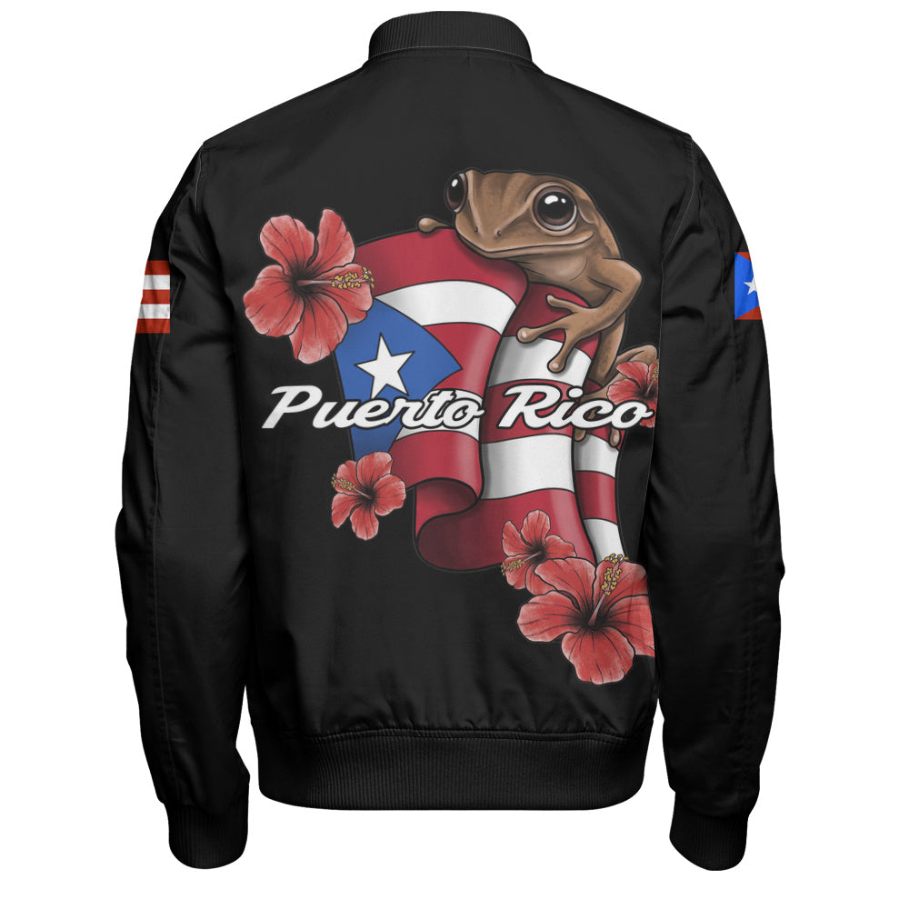 Puerto Rico Bomber Jacket Black Puerto Rican Flag Hibiscus Floral Boricua Pride