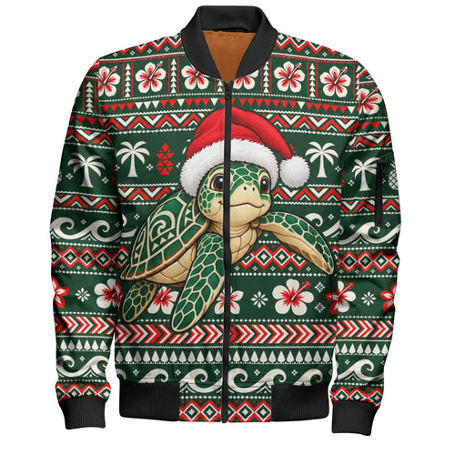Hawaii Bomber Jacket Santa Sea Turtle Polynesian Tribal Tropical Floral