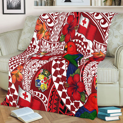 Tonga Premium Blanket Polynesian Red Shining Parrot Heilala Pattern