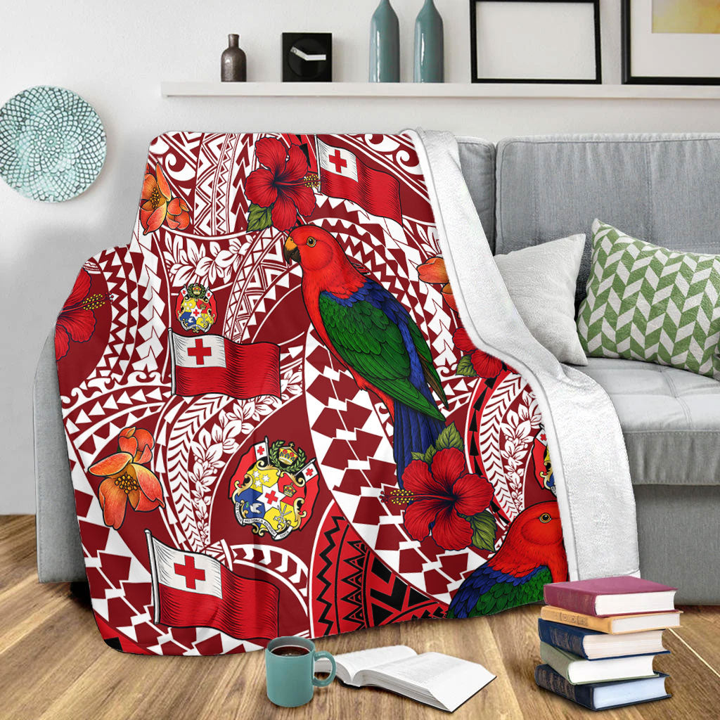 Tonga Premium Blanket Polynesian Red Shining Parrot Heilala Pattern