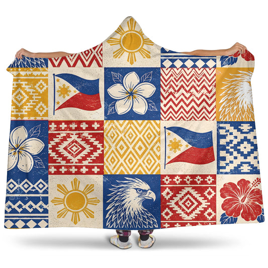 Philippines Filipinos Hooded Blanket Eagle Sun Flag Sampaguita Geometric Quilt Style
