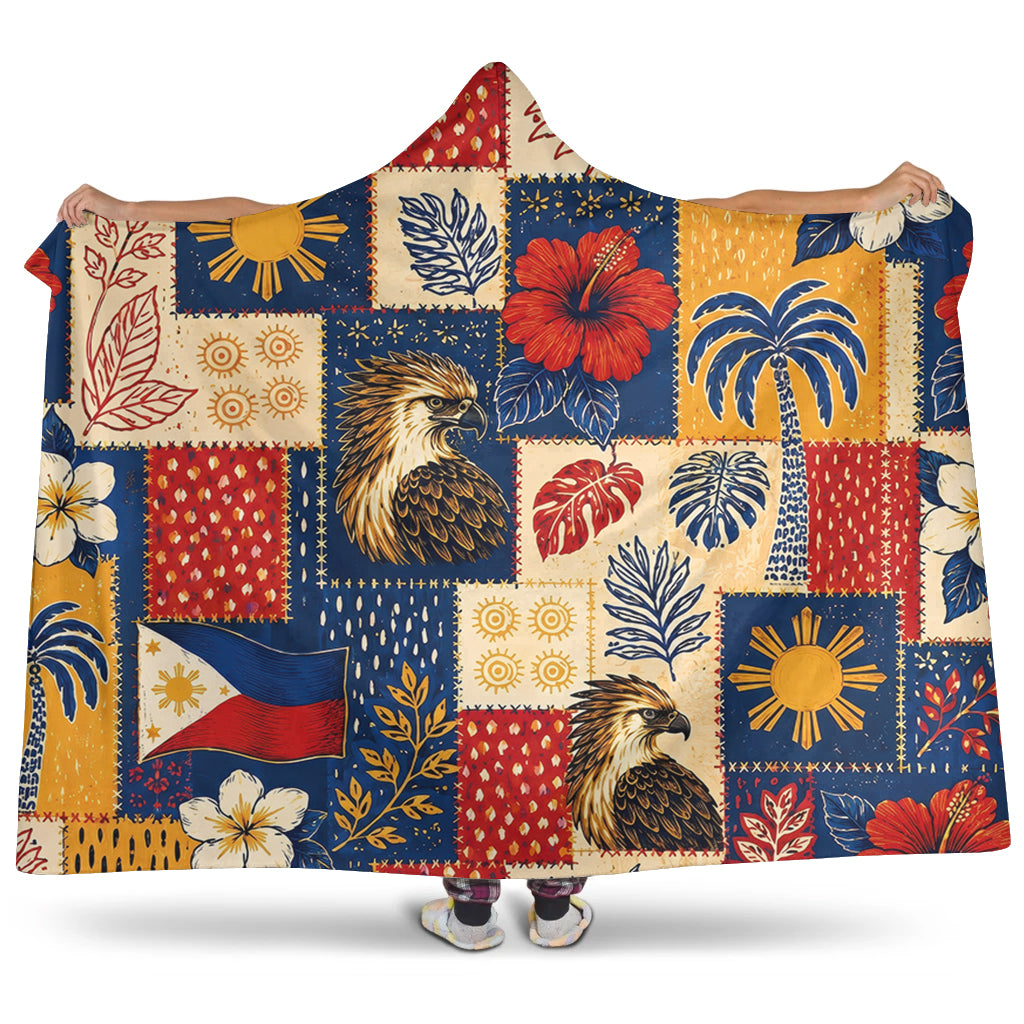 Philippines Filipinos Hooded Blanket Eagle Sun Flag Tropical Floral Patchwork Style