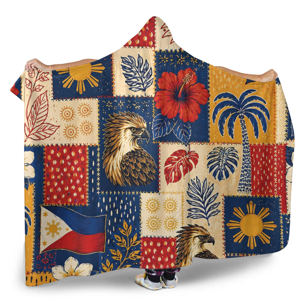 Philippines Filipinos Hooded Blanket Eagle Sun Flag Tropical Floral Patchwork Style