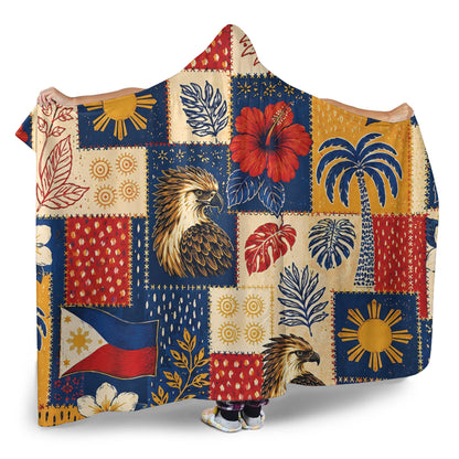 Philippines Filipinos Hooded Blanket Eagle Sun Flag Tropical Floral Patchwork Style