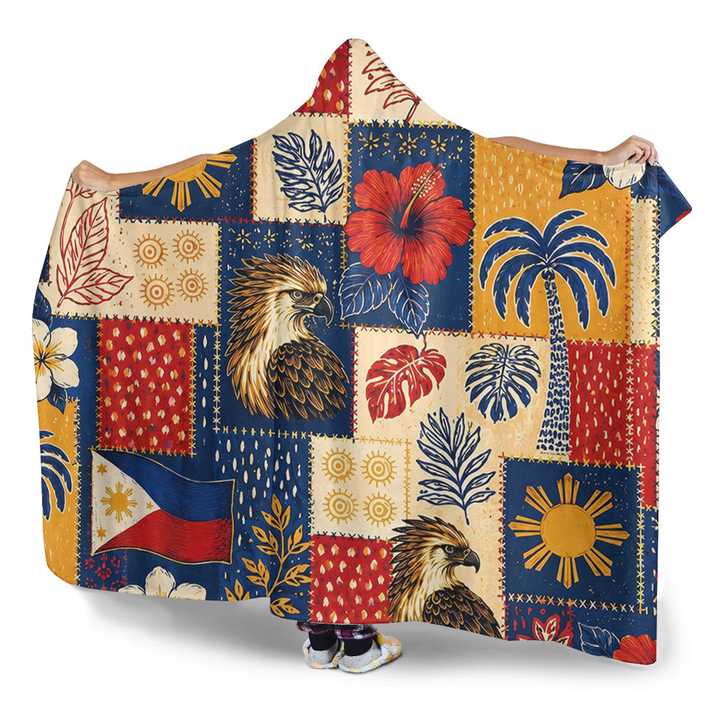 Philippines Filipinos Hooded Blanket Eagle Sun Flag Tropical Floral Patchwork Style