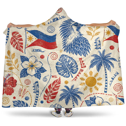 Philippines Filipinos Hooded Blanket Eagle Sun Flag Tropical Floral Vintage Stamp Style