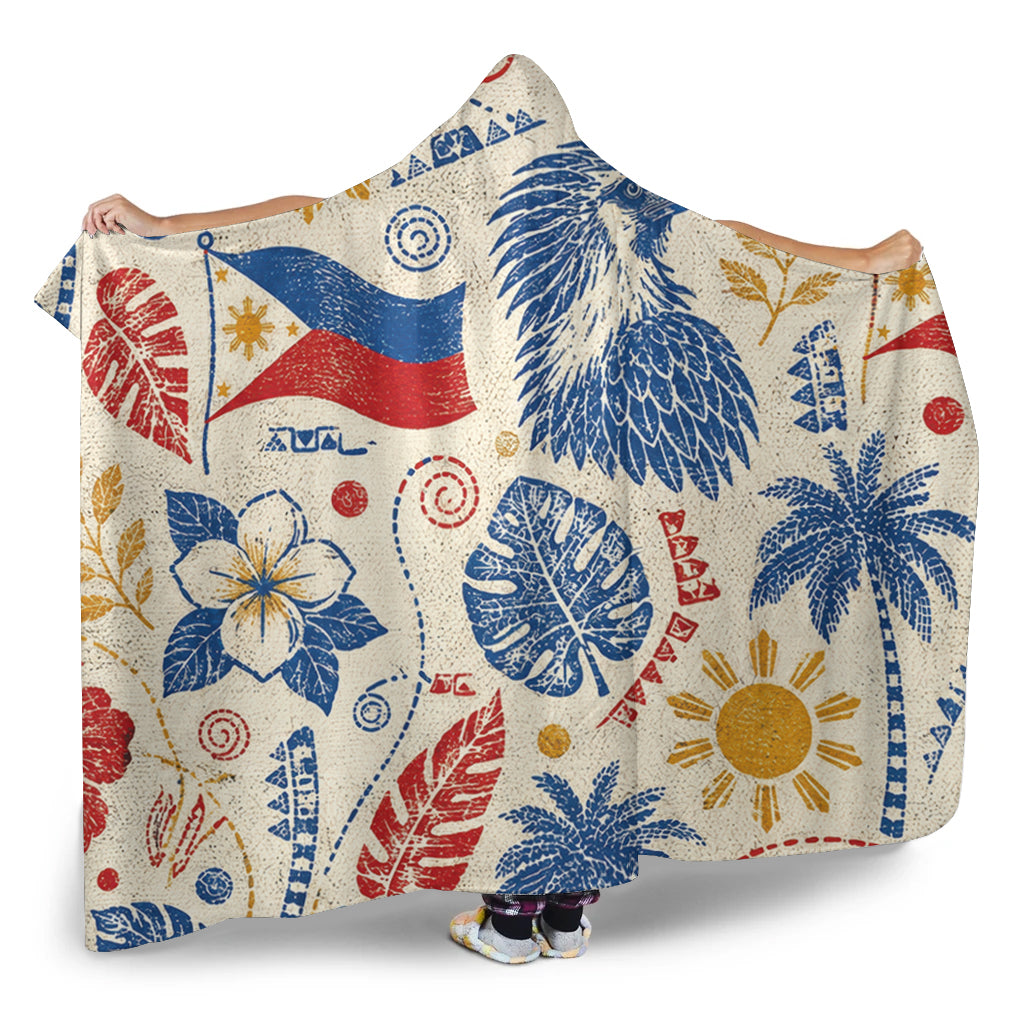 Philippines Filipinos Hooded Blanket Eagle Sun Flag Tropical Floral Vintage Stamp Style
