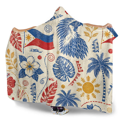 Philippines Filipinos Hooded Blanket Eagle Sun Flag Tropical Floral Vintage Stamp Style