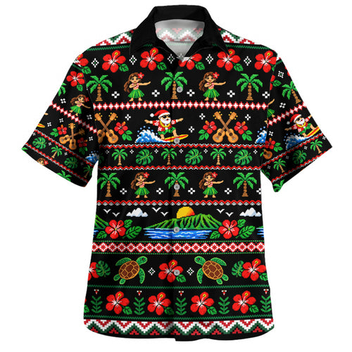 Hawaii Hawaiian Shirt Pixel Art Hula Santa Tropical Holiday