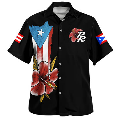 Puerto Rico Hawaiian Shirt Black Puerto Rican Flag Hibiscus Floral Boricua Pride
