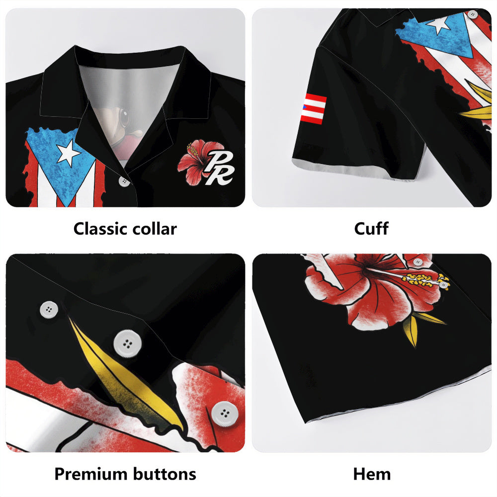 Puerto Rico Hawaiian Shirt Black Puerto Rican Flag Hibiscus Floral Boricua Pride