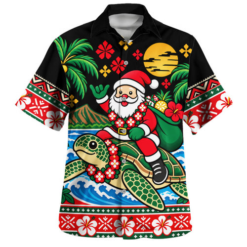 Hawaii Hawaiian Shirt Santa Riding Sea Turtle Tropical Beach Polynesian Tribal Mele Kalikimaka