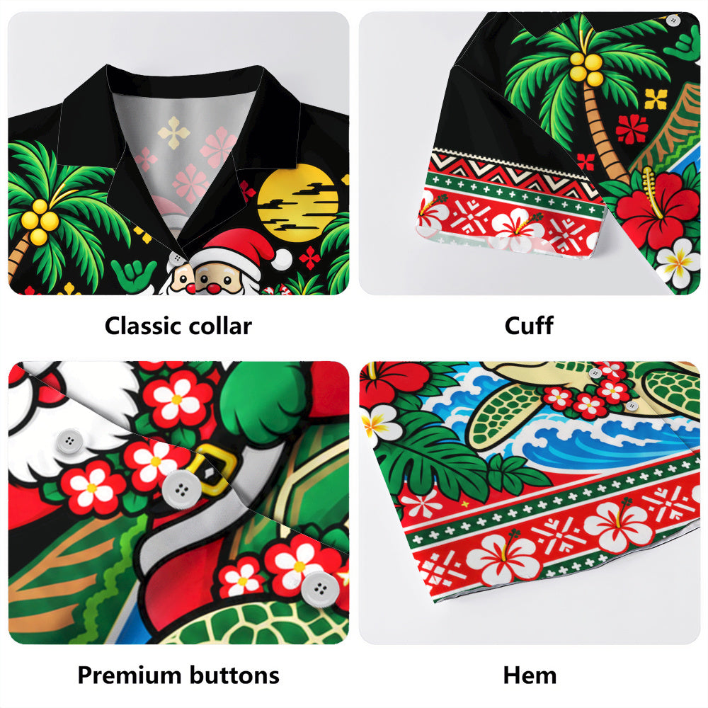 Hawaii Hawaiian Shirt Santa Riding Sea Turtle Tropical Beach Polynesian Tribal Mele Kalikimaka