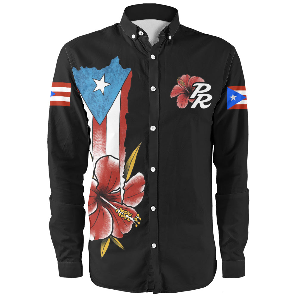 Puerto Rico Long Sleeve Shirt Black Puerto Rican Flag Hibiscus Floral Boricua Pride