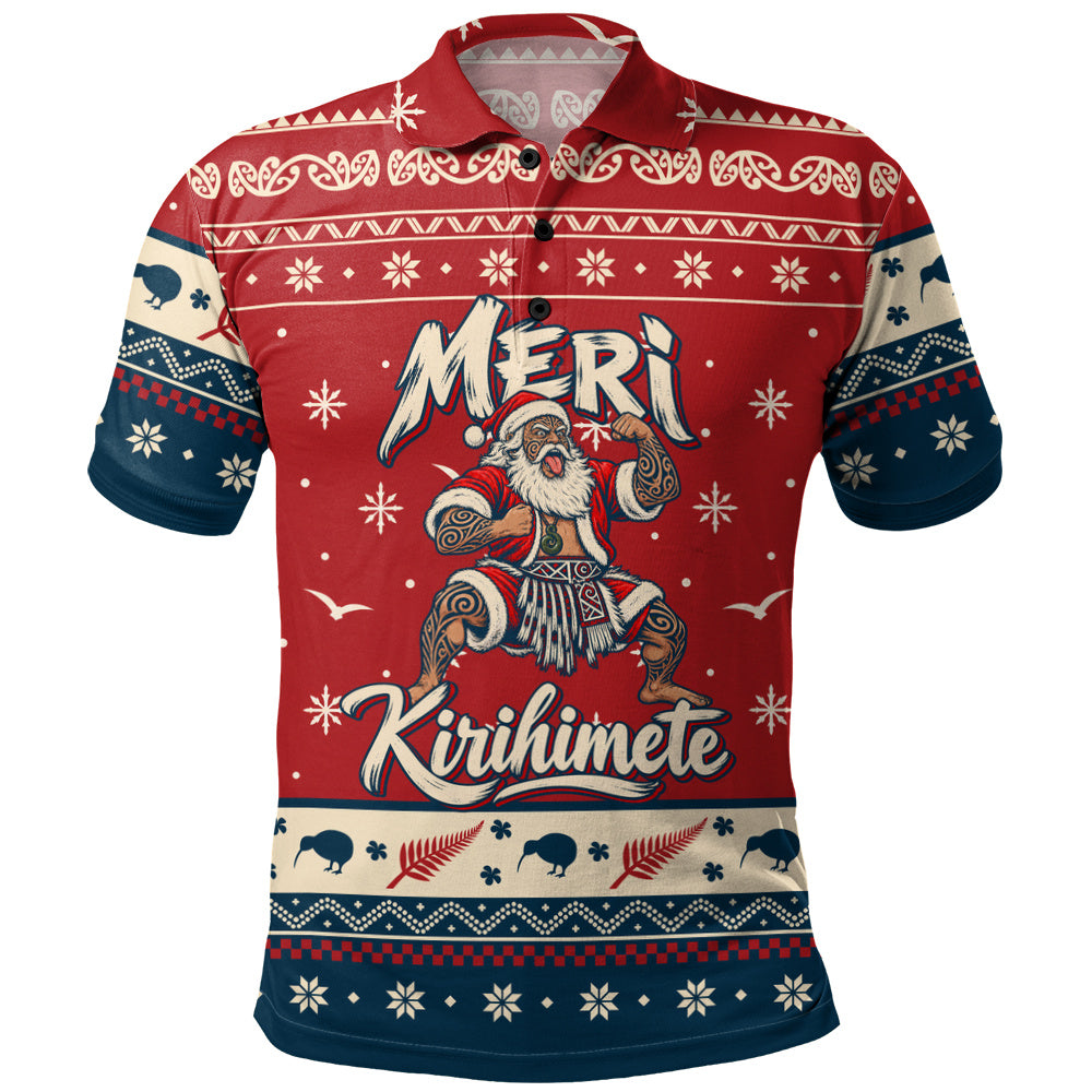 New Zealand Polo Shirt Ugly Christmas Meri Kirihimete Maori Haka Santa