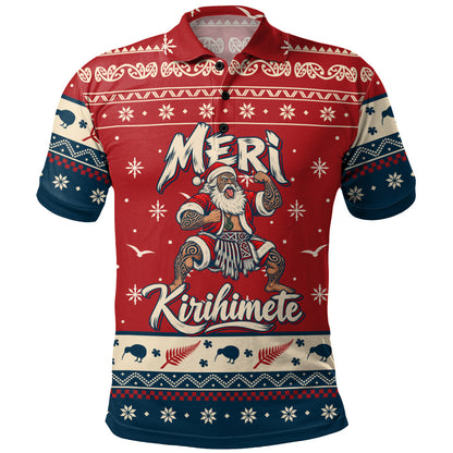 New Zealand Polo Shirt Ugly Christmas Meri Kirihimete Maori Haka Santa
