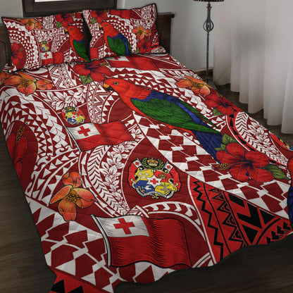 Tonga Quilt Bed Set Polynesian Red Shining Parrot Heilala Pattern