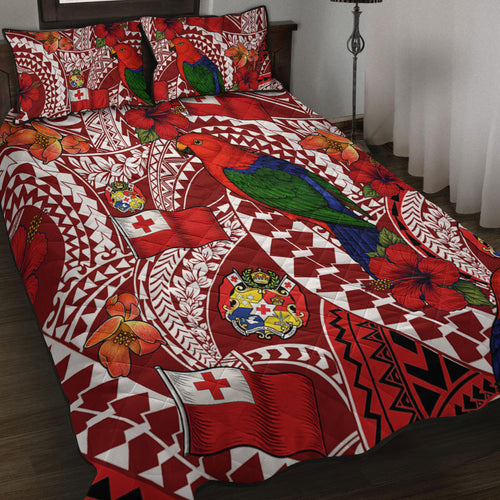 Tonga Quilt Bed Set Polynesian Red Shining Parrot Heilala Pattern