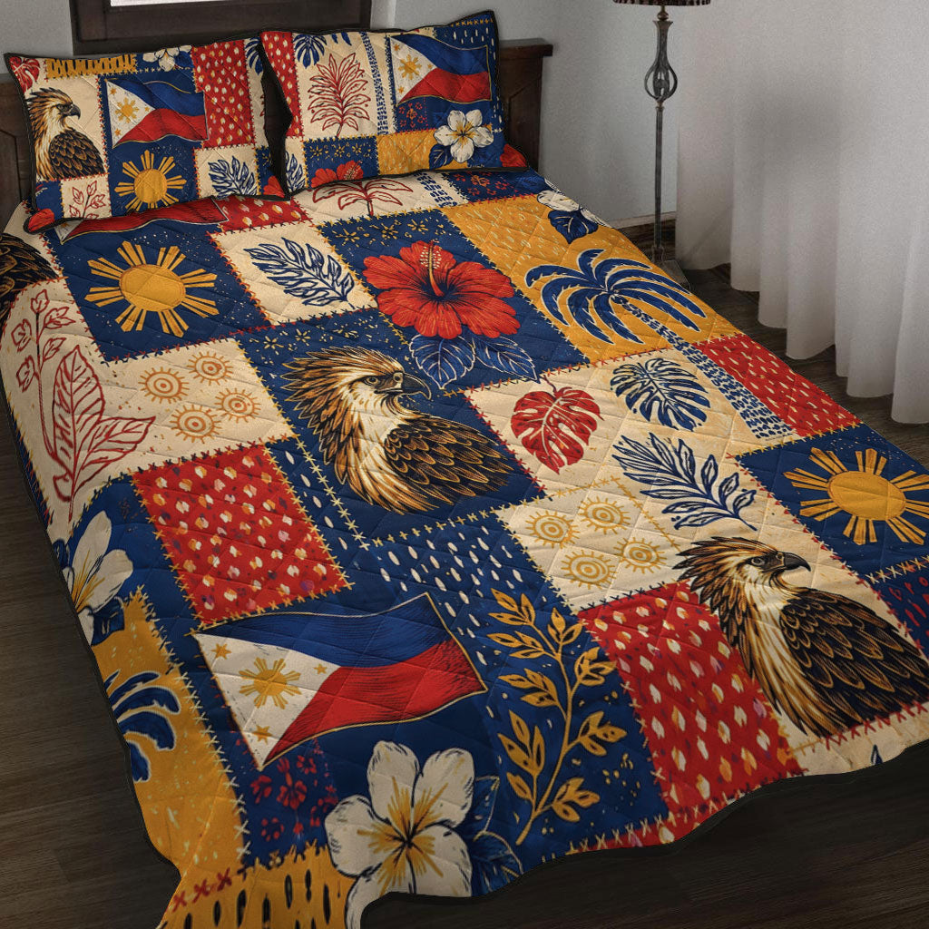 Philippines Filipinos Quilt Bed Set Eagle Sun Flag Tropical Floral Patchwork Style