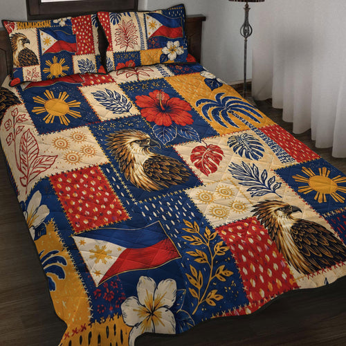 Philippines Filipinos Quilt Bed Set Eagle Sun Flag Tropical Floral Patchwork Style