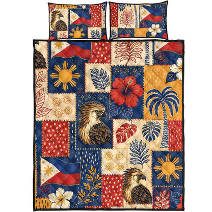 Philippines Filipinos Quilt Bed Set Eagle Sun Flag Tropical Floral Patchwork Style