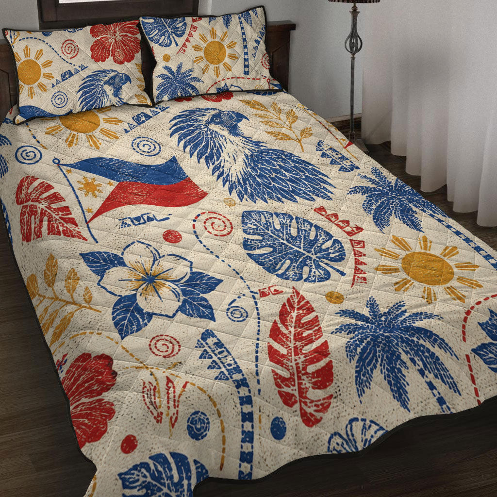 Philippines Filipinos Quilt Bed Set Eagle Sun Flag Tropical Floral Vintage Stamp Style