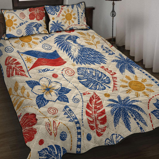 Philippines Filipinos Quilt Bed Set Eagle Sun Flag Tropical Floral Vintage Stamp Style