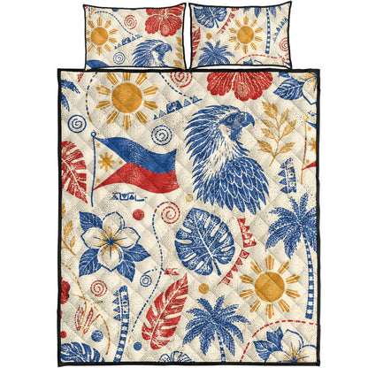 Philippines Filipinos Quilt Bed Set Eagle Sun Flag Tropical Floral Vintage Stamp Style