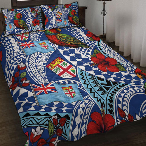 Fiji Quilt Bed Set Kula Parrot Flag Hibiscus Tribal Style