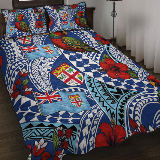 Fiji Quilt Bed Set Kula Parrot Flag Hibiscus Tribal Style