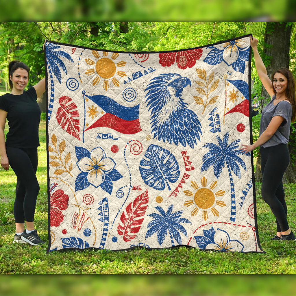Philippines Filipinos Premium Quilt Eagle Sun Flag Tropical Floral Vintage Stamp Style