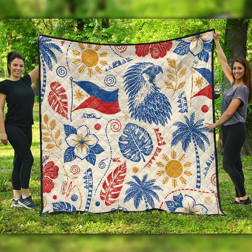 Philippines Filipinos Premium Quilt Eagle Sun Flag Tropical Floral Vintage Stamp Style