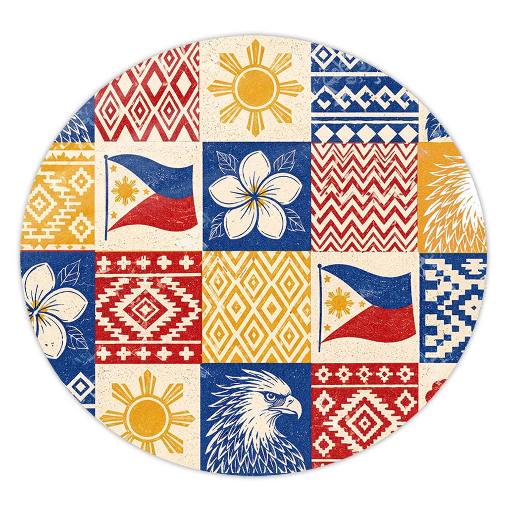 Philippines Filipinos Round Rug Eagle Sun Flag Sampaguita Geometric Quilt Style