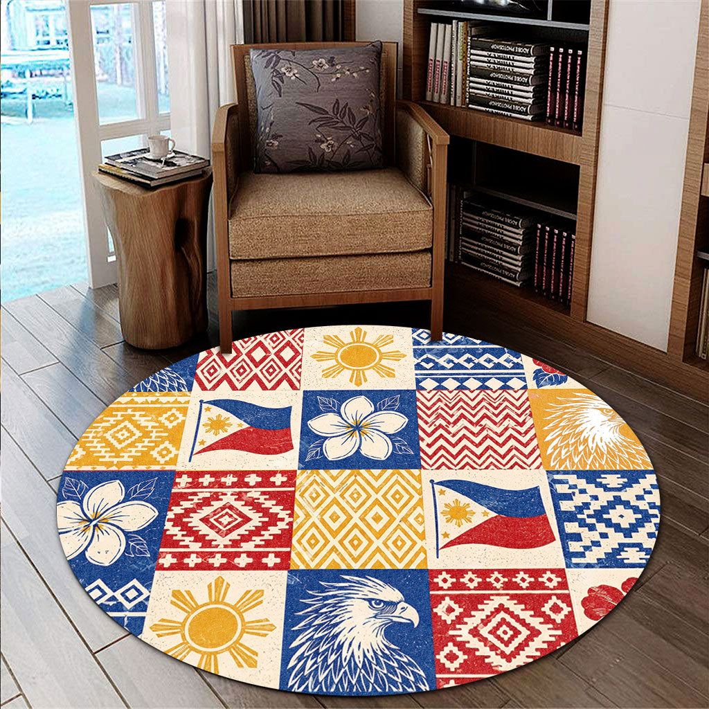Philippines Filipinos Round Rug Eagle Sun Flag Sampaguita Geometric Quilt Style