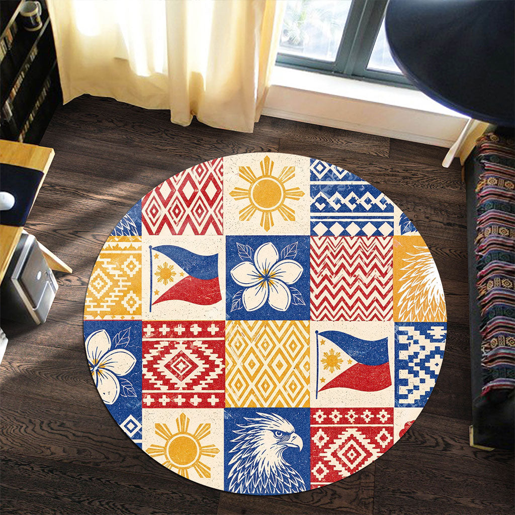 Philippines Filipinos Round Rug Eagle Sun Flag Sampaguita Geometric Quilt Style