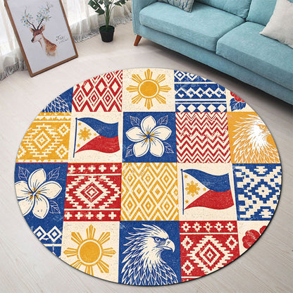 Philippines Filipinos Round Rug Eagle Sun Flag Sampaguita Geometric Quilt Style